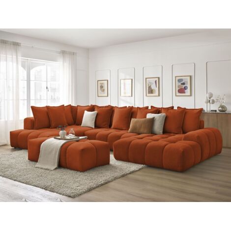 BOBOCHIC - Canapé panoramique convertible coffre EVEREST tissu texturé avec pouf Angle droit Orange (1/5)