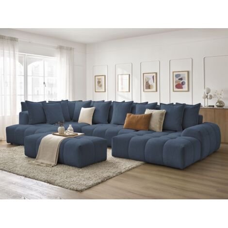 BOBOCHIC - Canapé panoramique convertible coffre EVEREST tissu chiné avec pouf Angle droit  Bleu foncé (1/5)