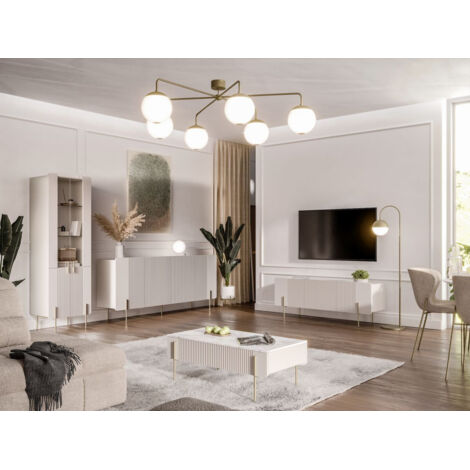 BOBOCHIC - Table basse 2 tiroirs 100 cm MATHILDE plateau effet marbre et pieds or Beige (1/5)