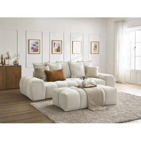 BOBOCHIC - Canapé droit fixe 3 places EVEREST tissu texturé avec pouf Beige (1/5)