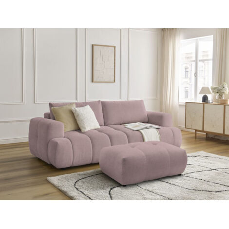 BOBOCHIC - Canapé droit convertible 3 places FUJI tissu lisse avec pouf Rose (1/5)