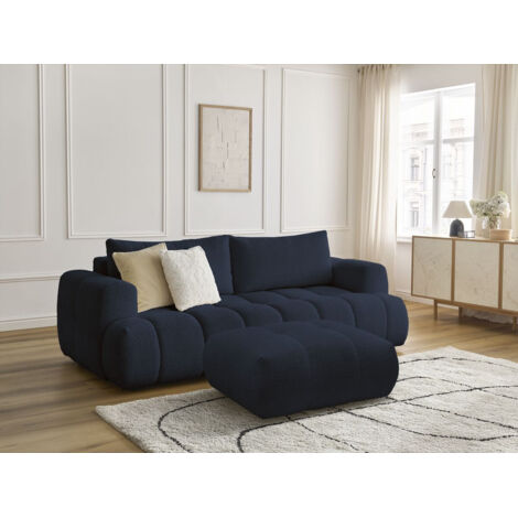 BOBOCHIC - Canapé droit convertible 3 places FUJI tissu bouclette avec pouf Bleu foncé (1/5)