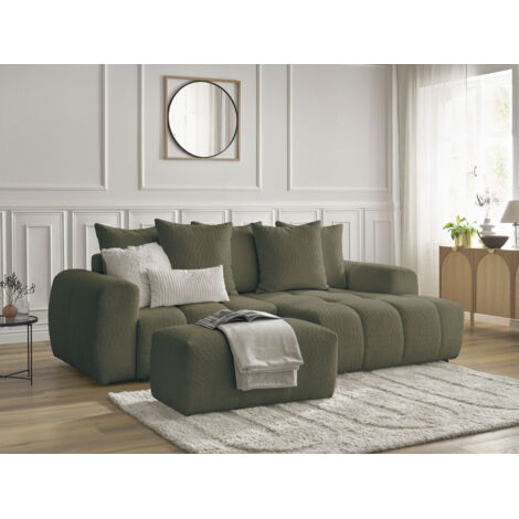 BOBOCHIC - Canapé d'angle convertible coffre ROXELANE tissu bouclette avec pouf Angle droit Vert (1/5)
