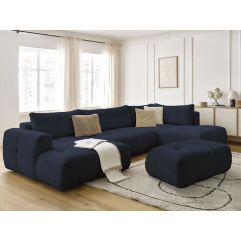 BOBOCHIC - Canapé panoramique convertible FUJI tissu bouclette avec pouf Angle gauche Bleu foncé (1/5)