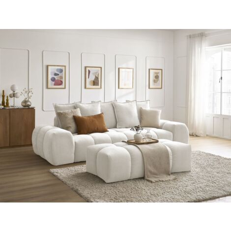 BOBOCHIC - Canapé droit fixe 3 places EVEREST tissu texturé avec pouf Blanc (1/5)