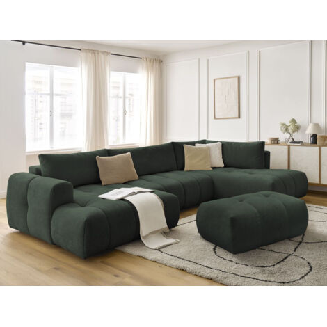 BOBOCHIC - Canapé panoramique convertible FUJI tissu lisse avec pouf Angle gauche Vert (1/5)