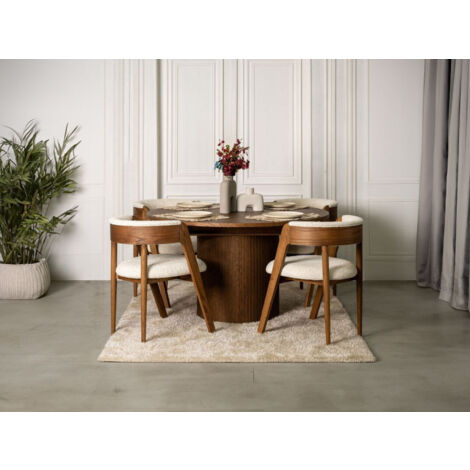 BOBOCHIC - Ensemble SORMIOU avec table à manger ronde extensible 130 à 180 cm + 4 chaises placage chêne massif   Marron foncé (1/5)