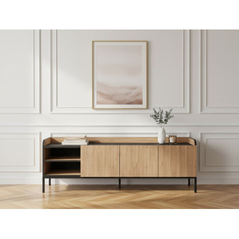 BOBOCHIC - Meuble TV 2 portes 2 niches 160 cm AURIANE pieds métal noir Marron clair (1/5)