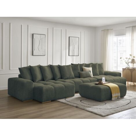 BOBOCHIC - Canapé panoramique convertible coffre ANAKIN tissu bouclette avec pouf Vert (1/5)