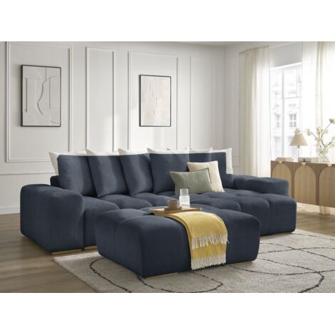 BOBOCHIC - Canapé d'angle réversible convertible coffre ANAKIN tissu texturé avec pouf Réversible  Bleu foncé (1/5)