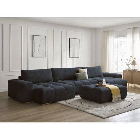 BOBOCHIC - Canapé panoramique convertible coffre ANAKIN tissu bouclette avec pouf Bleu foncé (1/5)