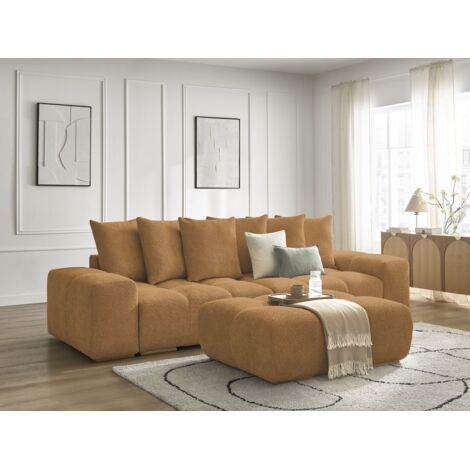 BOBOCHIC - Canapé droit convertible coffre ANAKIN tissu bouclette avec pouf Jaune (1/5)