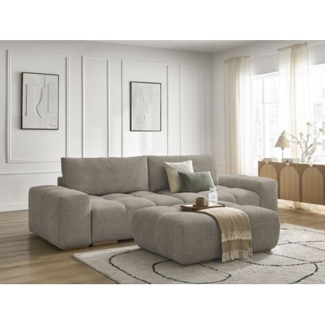 BOBOCHIC - Canapé droit convertible coffre ANAKIN tissu bouclette avec pouf Taupe (1/5)