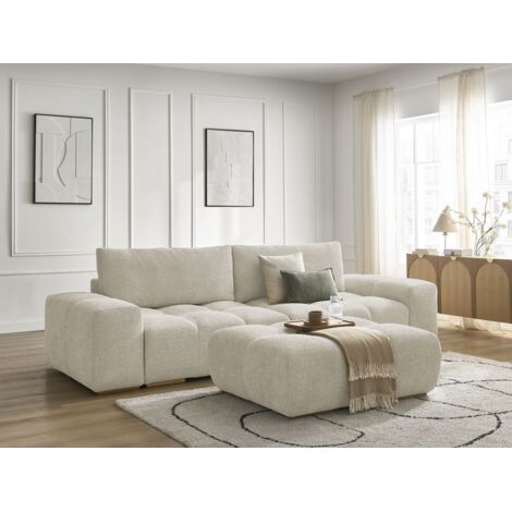 BOBOCHIC - Canapé droit fixe 3 places ANAKIN tissu bouclette avec pouf   Beige (1/5)
