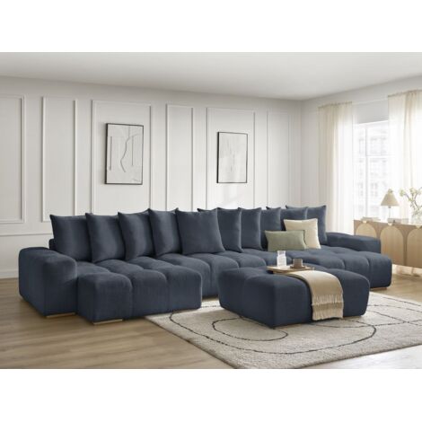 BOBOCHIC - Canapé panoramique fixe ANAKIN tissu texturé avec pouf Bleu foncé (1/5)