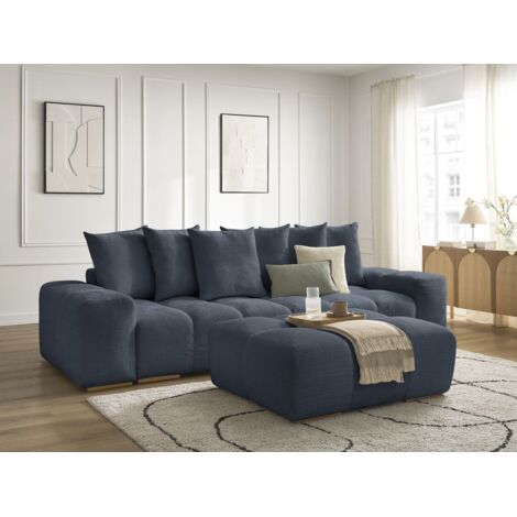 BOBOCHIC - Canapé droit convertible coffre ANAKIN tissu texturé avec pouf Bleu foncé (1/5)