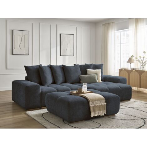 BOBOCHIC - Canapé d'angle convertible réversible coffre ANAKIN tissu bouclette avec pouf Réversible  Bleu foncé (1/5)
