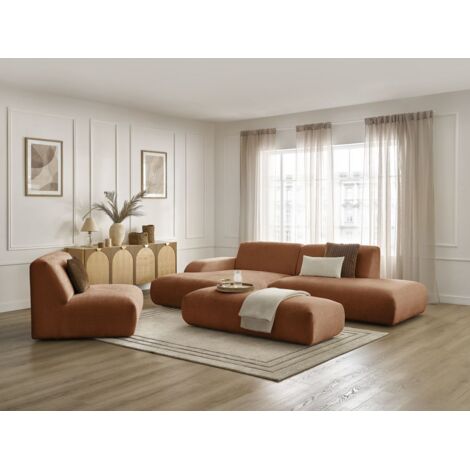 BOBOCHIC - Canapé d'angle fixe modulable SIRIUS tissu texturé avec 1 chauffeuse et grand pouf Angle gauche Orange (1/5)