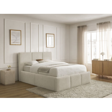 Bobochic – Lit coffre ELYA 160x200 – Tissu bouclette beige – Structure en contreplaqué – Sommier à lattes actives – 4 pieds en bois massif (1/5)