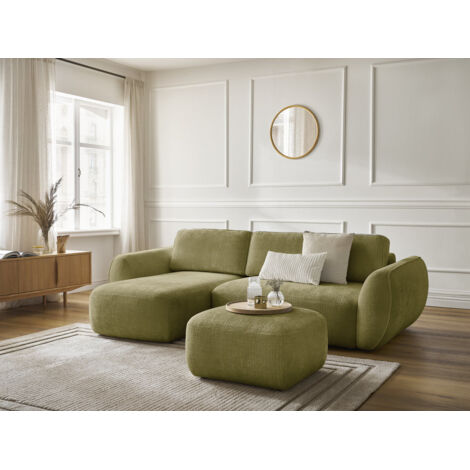 BOBOCHIC - Canapé d'angle convertible DENISE tissu texturé avec pouf Angle gauche Vert (1/5)