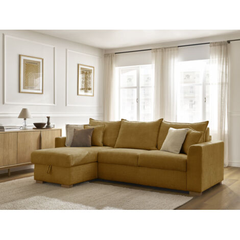 BOBOCHIC - Canapé d'angle réversible convertible ouverture express AUGUSTIN tissu texturé Réversible 160x200 Jaune (1/5)