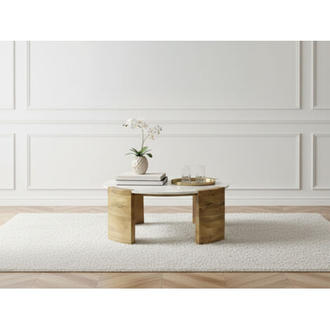 BOBOCHIC - Table basse ronde D.85 cm TORVI plateau marbre et pieds bois massif de manguier clair (1/5)