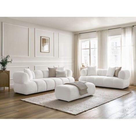 BOBOCHIC - Ensemble canapé droit fixe 3 + 2 places PAMIRA tissu bouclette avec pouf Blanc (1/5)