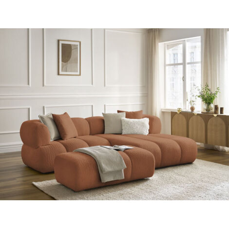 BOBOCHIC - Canapé d'angle fixe PAMIRA tissu bouclette avec pouf Angle droit Orange (1/5)