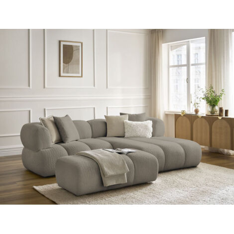 BOBOCHIC - Canapé d'angle fixe PAMIRA tissu bouclette avec pouf Angle droit  Taupe (1/5)