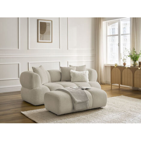 BOBOCHIC - Canapé droit fixe 2 places PAMIRA tissu bouclette avec pouf   Beige (1/5)