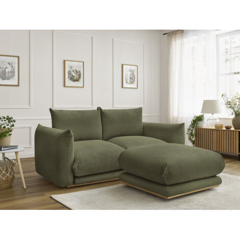 BOBOCHIC - Canapé droit fixe 2 places ERNEST tissu velours côtelé avec pouf   Vert clair (1/5)