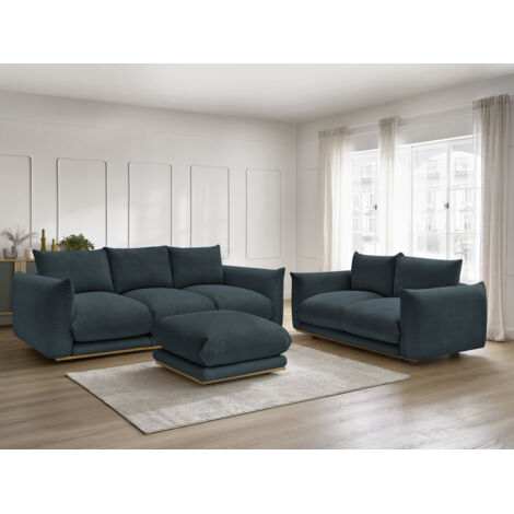 BOBOCHIC - Ensemble canapé droit fixe 3 + 2 places ERNEST tissu velours côtélé avec pouf   Bleu foncé (1/5)