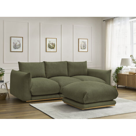 BOBOCHIC - Canapé droit fixe 3 places ERNEST tissu velours côtelé avec pouf   Vert clair (1/5)