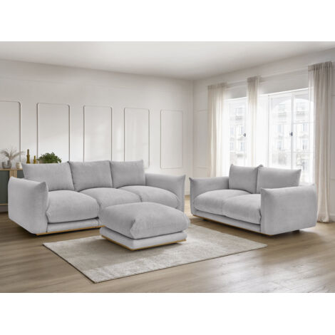 BOBOCHIC - Ensemble canapé droit fixe 3 + 2 places ERNEST tissu velours côtélé avec pouf Gris clair (1/5)