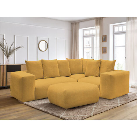 BOBOCHIC - Canapé d'angle fixe modulable VOLTAIRE avec 1 chauffeuse 2 places, 1 angle et 1 chauffeuse 1 place tissu chiné avec pouf Angle droit Jaune (1/5)