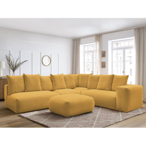 BOBOCHIC - Canapé d'angle fixe modulable VOLTAIRE avec 2 chauffeuses 2 places, 1 angle et 1 chauffeuse 1 place tissu chiné avec pouf Angle droit  Jaune (1/5)