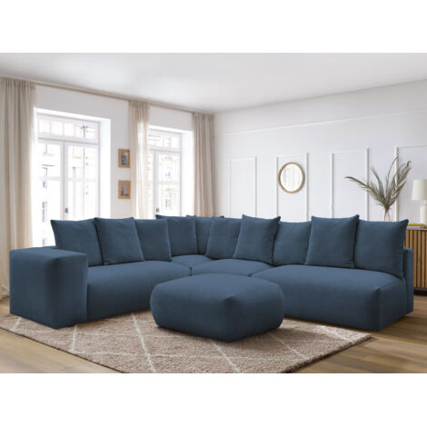 BOBOCHIC - Canapé d'angle fixe modulable VOLTAIRE avec 2 chauffeuses 2 places, 1 angle et 1 chauffeuse 1 place tissu chiné avec pouf Angle gauche Bleu foncé (1/5)