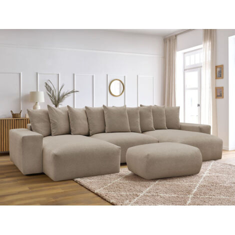 BOBOCHIC - Canapé panoramique convertible coffre VOLTAIRE tissu chiné avec pouf   Taupe (1/5)