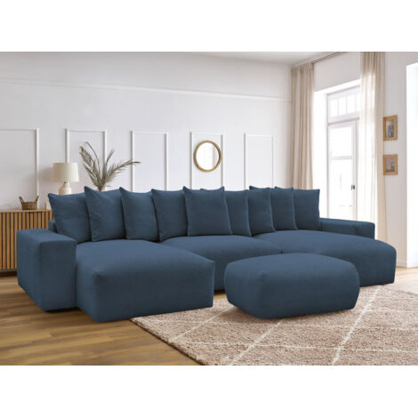 BOBOCHIC - Canapé panoramique convertible coffre VOLTAIRE tissu chiné avec pouf Bleu foncé (1/5)