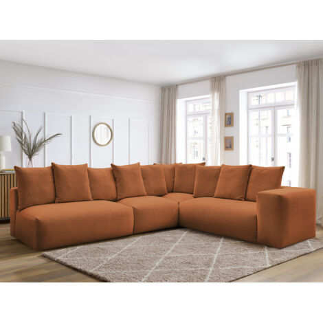 BOBOCHIC - Canapé d'angle fixe modulable VOLTAIRE avec 2 chauffeuses 2 places, 1 angle et 1 chauffeuse 1 place tissu chiné Angle droit Orange (1/5)