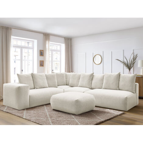 BOBOCHIC - Canapé d'angle fixe modulable VOLTAIRE avec 2 chauffeuses 2 places, 1 angle et 1 chauffeuse 1 place tissu chiné avec pouf Angle gauche Blanc (1/5)