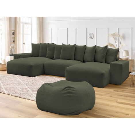 BOBOCHIC - Canapé panoramique fixe VOLTAIRE tissu chiné avec pouf   Vert (1/5)