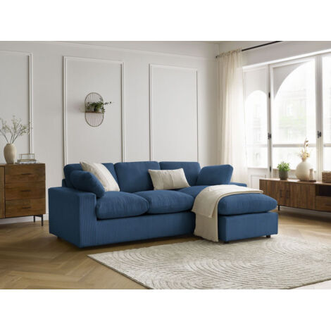 BOBOCHIC - Canapé d'angle fixe compact réversible BELAIR velours côtelé   Bleu foncé (1/5)