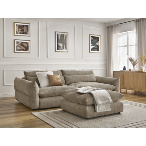 Bobochic – Canapé droit fixe 3 places taupe – Tissu texturé 100% polyester – Structure bois massif hêtre et pin – Densité assise 30kg/m3 (1/5)