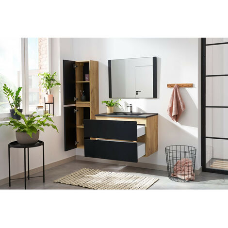 Ensemble De Salle De Bain 80 Cm Akela Avec Colonne Chene Et Noir Marron