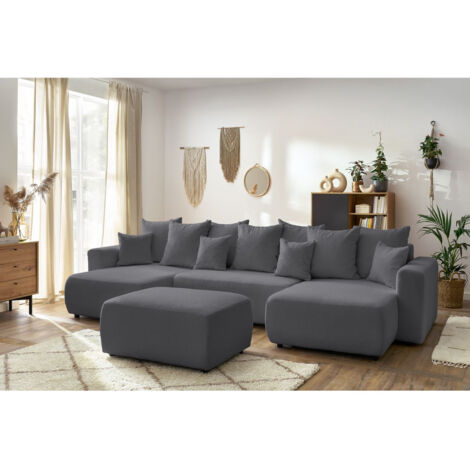 Canapé panoramique convertible BOBOCHIC - Canapé panoramique convertible coffre ENVY tissu bouclette avec pouf rectangulaire Gris foncé (1/5)