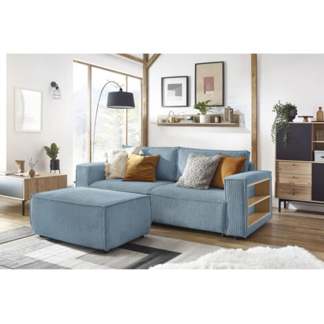 BOBOCHIC - Canapé droit convertible coffre tablette NIHAD velours côtelé avec pouf   Bleu clair (1/5)