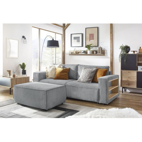 BOBOCHIC - Canapé droit convertible coffre tablette NIHAD velours côtelé avec pouf   Gris clair (1/5)