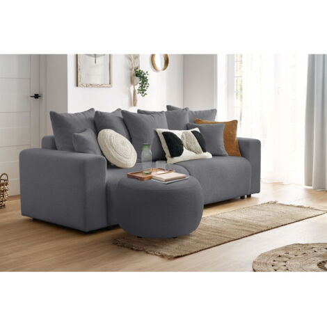 BOBOCHIC - Pouf ENVY rond tissu bouclette doux Gris foncé (1/5)