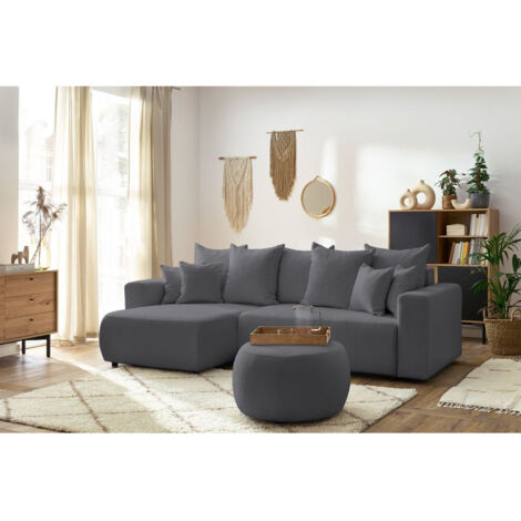 BOBOCHIC - Canapé d'angle réversible convertible coffre ENVY tissu bouclette doux avec pouf rond Gris foncé (1/5)
